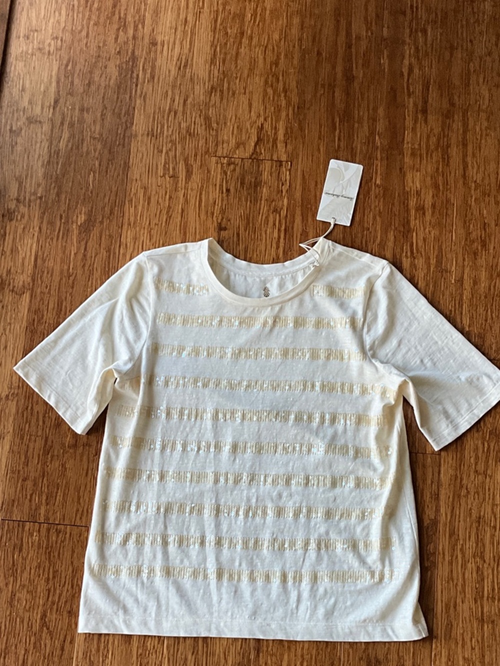 Tommy Bahama White Tee with Gold Stripe Detail